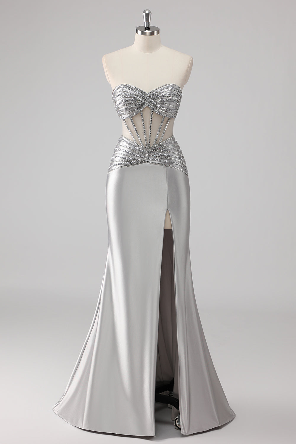 grey silk prom dress Grey A Line V Neck Long Appliques Tulle Prom Dress, Gray Split Long Evening Dress UQ2236