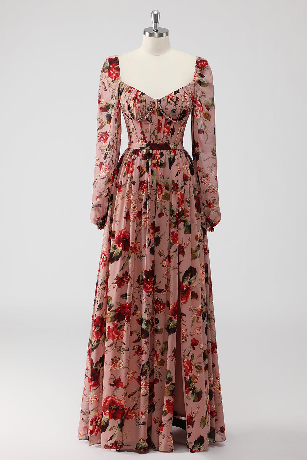 Wedtrend Women Dusty Rose Floral Wedding Guest Dress A-Line Corset Long Sleeve Sweetheart Neck Formal Dress WEDTREND Wedtrend Women Dusty Rose Floral Wedding Guest Dress A-Line Corset Long Sleeve Sweetheart Neck Formal Dress WEDTREND