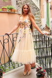 Champagne A-Line Spaghetti Straps Midi Prom Dress with Appliques
