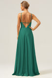 A Line Halter Ruched Satin Open Back Long Bridesmaid Dress with Flower