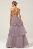 Dusty Rose A-Line Halter Tiered Floor Length Chiffon Long Bridesmaid Dress