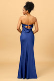 Mermaid Strapless Floor Length Satin Bridesmaid Dress with Open Back