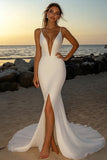Mermaid Ivory V Neck Long Wedding Dress With Slit