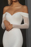 Off The Shoulder Mermaid Long Sleeves White Wedding Dress with Sequins