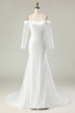 Off The Shoulder Mermaid Long Sleeves White Wedding Dress with Sequins