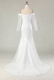 Off The Shoulder Mermaid Long Sleeves White Wedding Dress with Sequins
