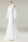 Off The Shoulder Mermaid Long Sleeves White Wedding Dress with Sequins