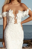 Ivory Sheath Off the Shoulder Wedding Dress with Lace Appliqued
