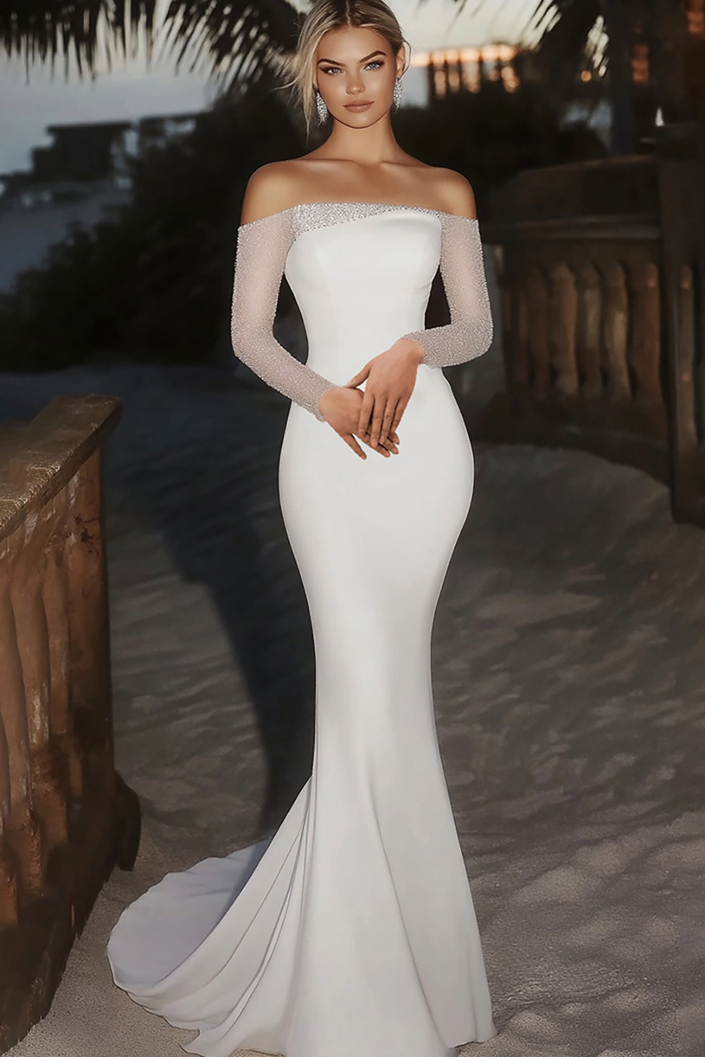 Wedtrend Women Ivory Wedding Dress with Beading Mermaid Off The Shoulder Long Sleeve Bridal Dress, Ivory / US8 Wedtrend Women Ivory Wedding Dress with Beading Mermaid Off The Shoulder Long Sleeve Bridal Dress, Ivory / US8