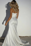 Elegant Ivory Sheath Sweetheart Beaded Satin Long Wedding Dress with Slit