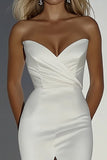 Elegant Ivory Sheath Sweetheart Beaded Satin Long Wedding Dress with Slit