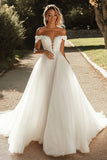 Ivory Tulle Off The Shoulder A Line Long Wedding Dress With Appliques