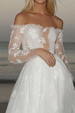 Ivory Off The Shoulder Long Sleeve A Line Wedding Dress With Appliques