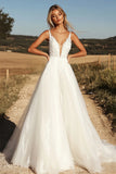 Ivory Tulle A Line Spaghetti Straps Long Wedding Dress