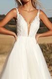 Ivory Tulle A Line Spaghetti Straps Long Wedding Dress