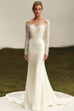 Long Sleeve Ivory Mermaid Beaded Wedding Dress With Appliques