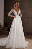 Ivory Long Sleeve V Neck A Line Wedding Dress With Appliques