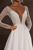 Ivory Long Sleeve V Neck A Line Wedding Dress With Appliques