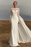 Ivory Sheath Satin Round Neck Long Sleeve Wedding Dress