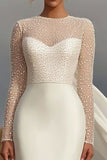 Ivory Sheath Satin Round Neck Long Sleeve Wedding Dress