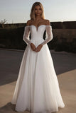 Off The Shoulder Ivory Long Sleeve A Line Wedding Dress