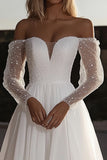 Off The Shoulder Ivory Long Sleeve A Line Wedding Dress