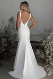 Simple Ivory Sheath Boat Neck Satin Wedding Dress with Slit