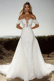 Ivory Off The Shoulder Long Wedding Dress With Apppliques