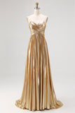 A-Line V-Neck Gold Metallic Pleated Long Prom Dress