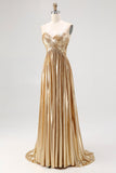 A-Line V-Neck Gold Metallic Pleated Long Prom Dress