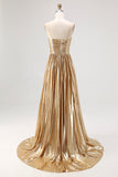 A-Line V-Neck Gold Metallic Pleated Long Prom Dress