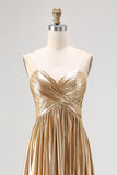 A-Line V-Neck Gold Metallic Pleated Long Prom Dress