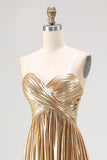 A-Line V-Neck Gold Metallic Pleated Long Prom Dress