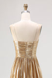 A-Line V-Neck Gold Metallic Pleated Long Prom Dress