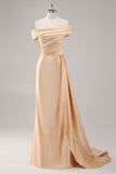 Champagne Mermaid One Shoulder Pleated Long Formal Dress with Side Streamer