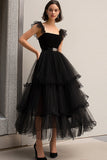 Black A-Line Tulle Spaghetti Straps Ruffled Prom Dress