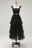 Black A-Line Tulle Spaghetti Straps Ruffled Prom Dress