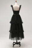 Black A-Line Tulle Spaghetti Straps Ruffled Prom Dress