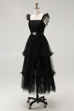 Black A-Line Tulle Spaghetti Straps Ruffled Prom Dress