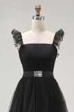 Black A-Line Tulle Spaghetti Straps Ruffled Prom Dress