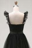 Black A-Line Tulle Spaghetti Straps Ruffled Prom Dress