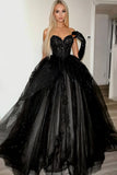 Sparkly Tulle Princess Black Sweetheart Long Prom Dress with Appliques