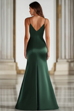 Dark Green Mermaid Spaghetti Straps Satin Long Gala Dress