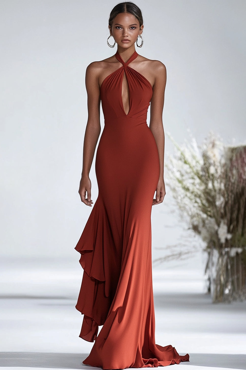 WEDTREND Women Halter Terracotta Gala Dress Terracotta Sleeveless Chiffon Ruffled Sheath Military Ball Dress WEDTREND Women Halter Terracotta Gala Dress Terracotta Sleeveless Chiffon Ruffled Sheath Military Ball Dress