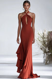 Terracotta Sheath Halter Chiffon Ruffled Gala Dress