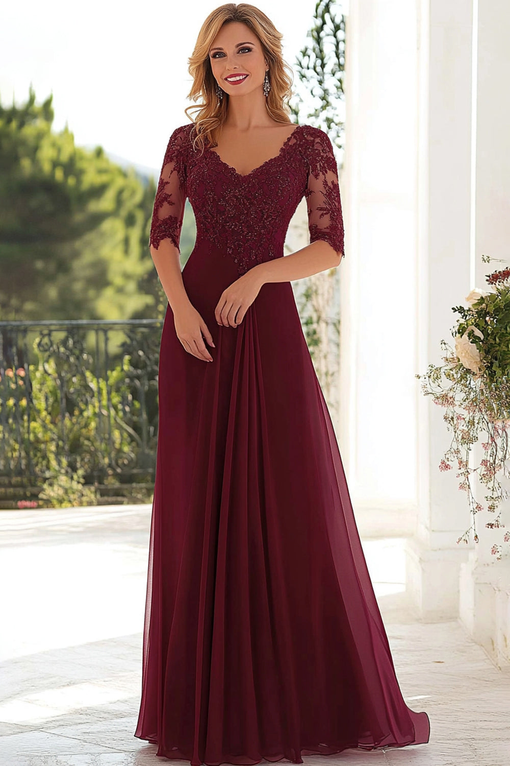 WEDTREND Women Elegant Burgundy Mother Of the Bride Dress with Lace Appliques A Line V Neck Chiffon Long Formal Dress WEDTREND Women Elegant Burgundy Mother Of the Bride Dress with Lace Appliques A Line V Neck Chiffon Long Formal Dress