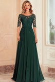 Dark Green A Line Boat Neck Chiffon Long Mother Of the Bride Dress with Lace Appliques