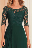 Dark Green A Line Boat Neck Chiffon Long Mother Of the Bride Dress with Lace Appliques