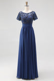 Navy A-Line Boat Neck Appliques Long Mother Of The Bride Dress