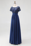 Navy A-Line Boat Neck Appliques Long Mother Of The Bride Dress